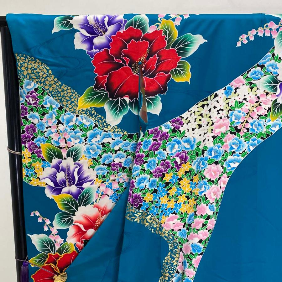 本振袖 引き振袖 正絹 エメラルドグリーン 花柄 古典 刺繍 結婚式 比翼