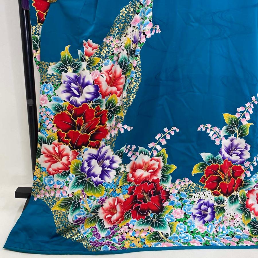 本振袖 引き振袖 正絹 エメラルドグリーン 花柄 古典 刺繍 結婚式 比翼 