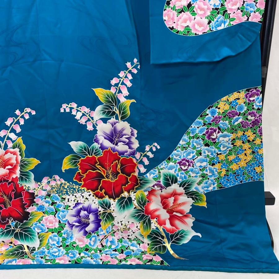 本振袖 引き振袖 正絹 エメラルドグリーン 花柄 古典 刺繍 結婚式 比翼