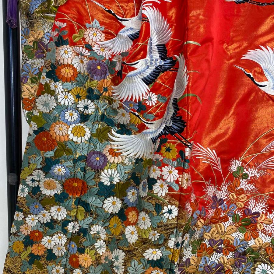 色打掛 正絹 鶴 刺繍 金 赤 打掛 Lサイズ 裄67 花嫁衣裳 婚礼 リサイクル 中古 ブライダル ウエディング 着物 3999 色打掛 正絹 鶴 刺繍 金 赤 打掛 Lサイズ 裄67 花嫁衣裳 婚礼