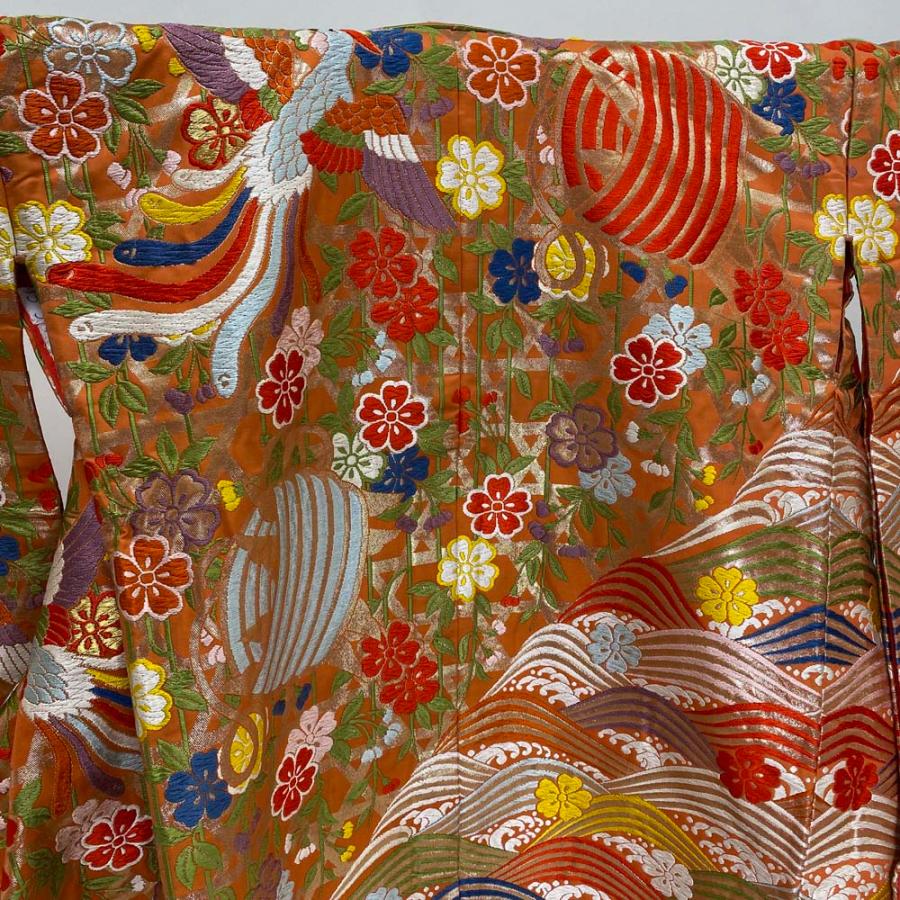 色打掛 正絹 鶴 刺繍 オレンジ 打掛 Mサイズ 裄66 花嫁衣裳 婚礼