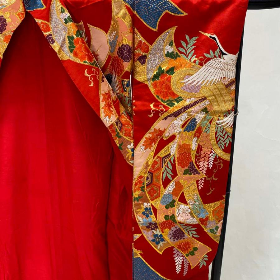 色打掛 正絹 鶴 刺繍 赤 金 打掛 Lサイズ 裄67 花嫁衣裳 婚礼