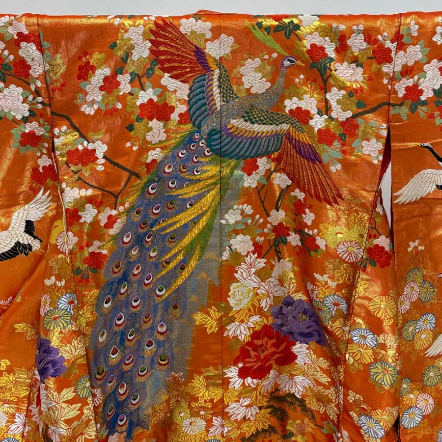 色打掛 正絹 鶴 刺繍 金 オレンジ  打掛 Mサイズ 裄66 花嫁衣裳 婚礼 リサイクル 中古 ブライダル ウエディング 着物 4028 色打掛 正絹 鶴 刺繍 オレンジ 金 打掛 Lサイズ 裄67 花嫁衣裳 婚礼