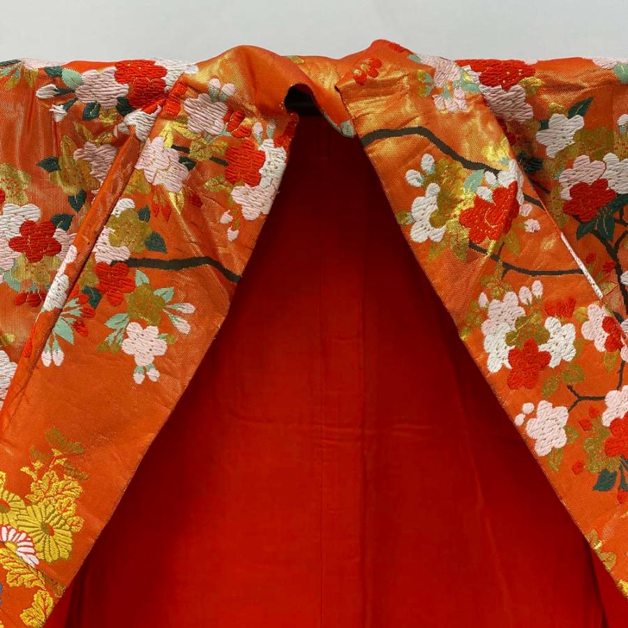 色打掛 正絹 鶴 刺繍 オレンジ 金 打掛 Lサイズ 裄67 花嫁衣裳 婚礼 