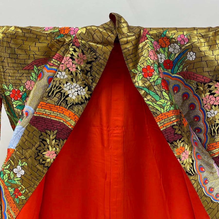 色打掛 正絹 鶴 刺繍 金 打掛 Mサイズ 裄65.5 花嫁衣裳 婚礼