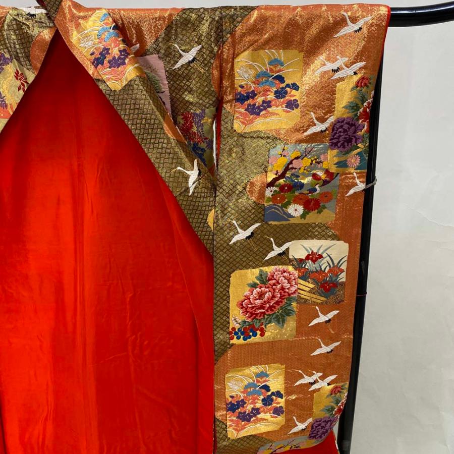 色打掛 正絹 鶴 刺繍 朱 金 打掛 Lサイズ 裄68 花嫁衣裳 婚礼 リサイクル 中古 ブライダル ウエディング 着物 3972 色打掛 正絹 鶴 刺繍 朱 金 打掛 Lサイズ 裄68 花嫁衣裳 婚礼