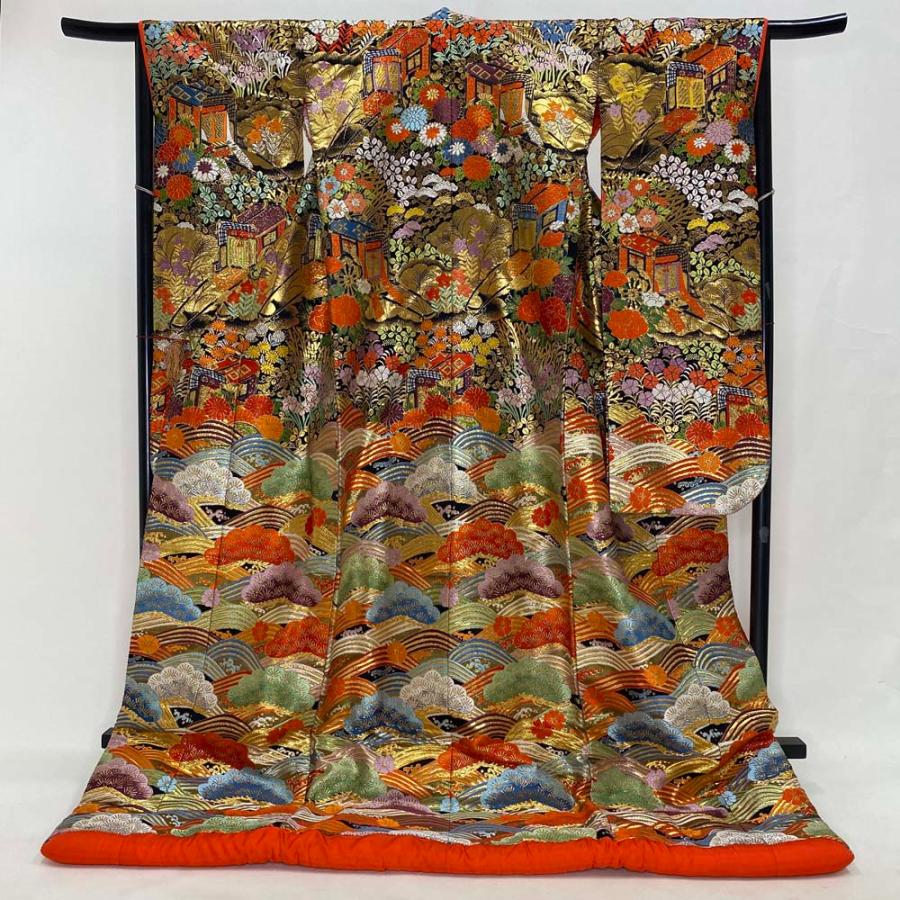 色打掛 正絹 鶴 刺繍 黒 金 打掛 Lサイズ 裄68 花嫁衣裳 婚礼 