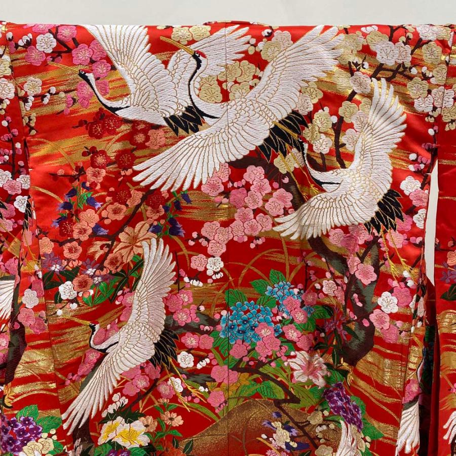 色打掛 正絹 鶴 刺繍 金 赤 打掛 Mサイズ 裄65.5 花嫁衣裳 婚礼 