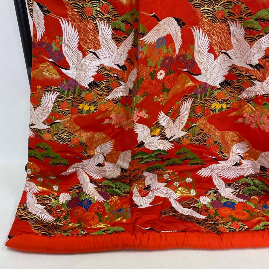 色打掛 正絹 鶴 刺繍 金 赤 打掛 Mサイズ 裄65.5 花嫁衣裳 婚礼