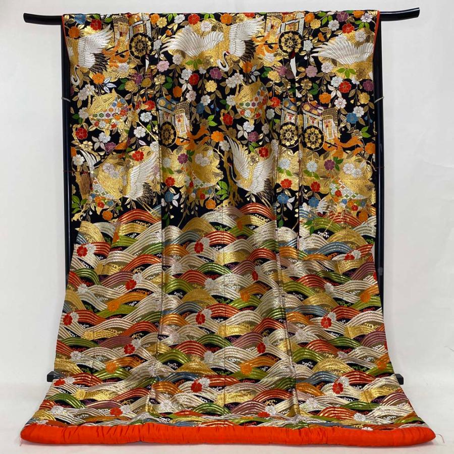 色打掛 正絹 鶴 刺繍 金 黒 打掛 Lサイズ 裄67 花嫁衣裳 婚礼