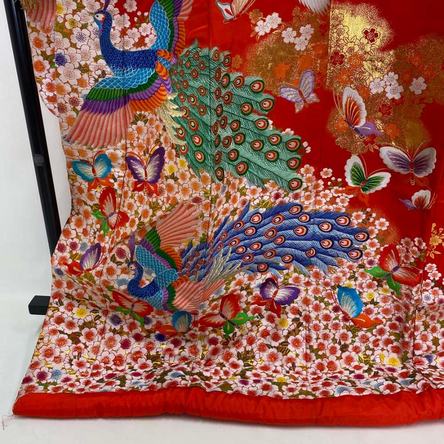 色打掛 正絹 鶴 刺繍 金 赤 打掛 Lサイズ 裄67 花嫁衣裳 婚礼