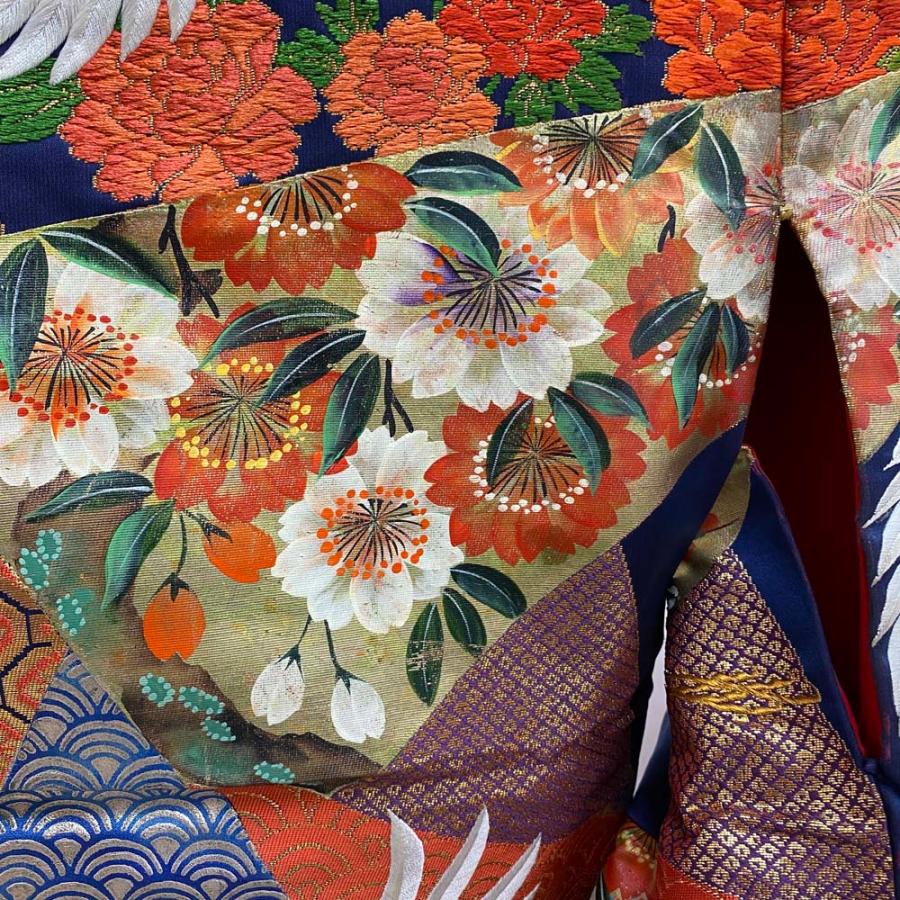 色打掛 花柄 金糸刺繍 色打掛 正絹 鶴 刺繍 金 紺 打掛 Lサイズ 裄68 花嫁衣裳 婚礼