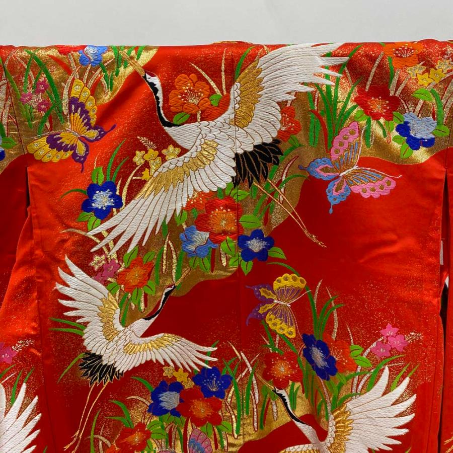 色打掛 正絹 鶴 刺繍 金 赤 打掛 Lサイズ 裄68 花嫁衣裳 婚礼