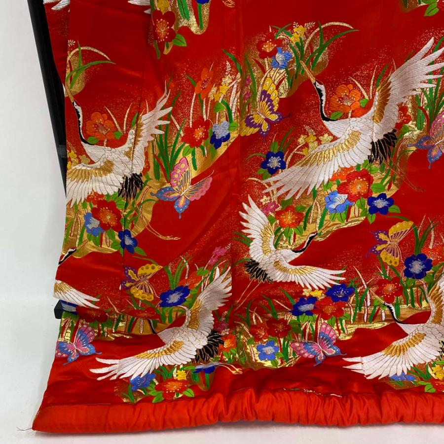 色打掛 正絹 鶴 刺繍 金 赤 打掛 Lサイズ 裄68 花嫁衣裳 婚礼 
