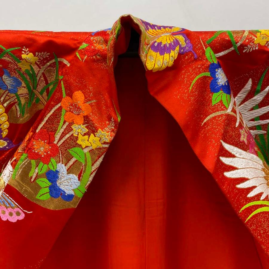 色打掛 正絹 鶴 刺繍 金 赤 打掛 Lサイズ 裄68 花嫁衣裳 婚礼