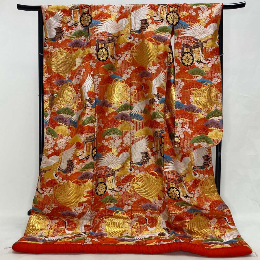色打掛 正絹 鶴 刺繍 金 赤 打掛 Mサイズ 裄66 花嫁衣裳 婚礼