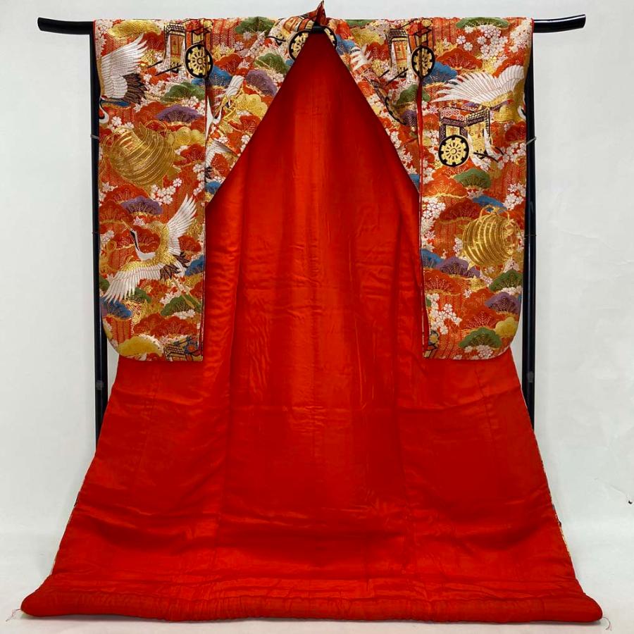 色打掛 正絹 鶴 刺繍 金 赤 打掛 Mサイズ 裄66 花嫁衣裳 婚礼