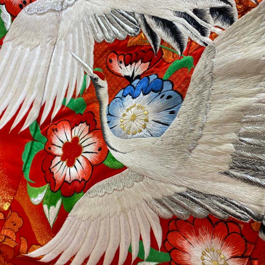 色打掛 正絹 鶴 刺繍 金 赤 打掛 Mサイズ 裄65 花嫁衣裳 婚礼 リサイクル 中古 ブライダル ウエディング 着物 4010_6