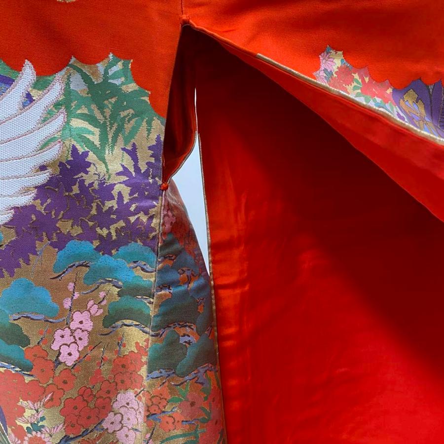 色打掛 正絹 鶴 刺繍 金 赤 打掛 Mサイズ 裄65 花嫁衣裳 婚礼