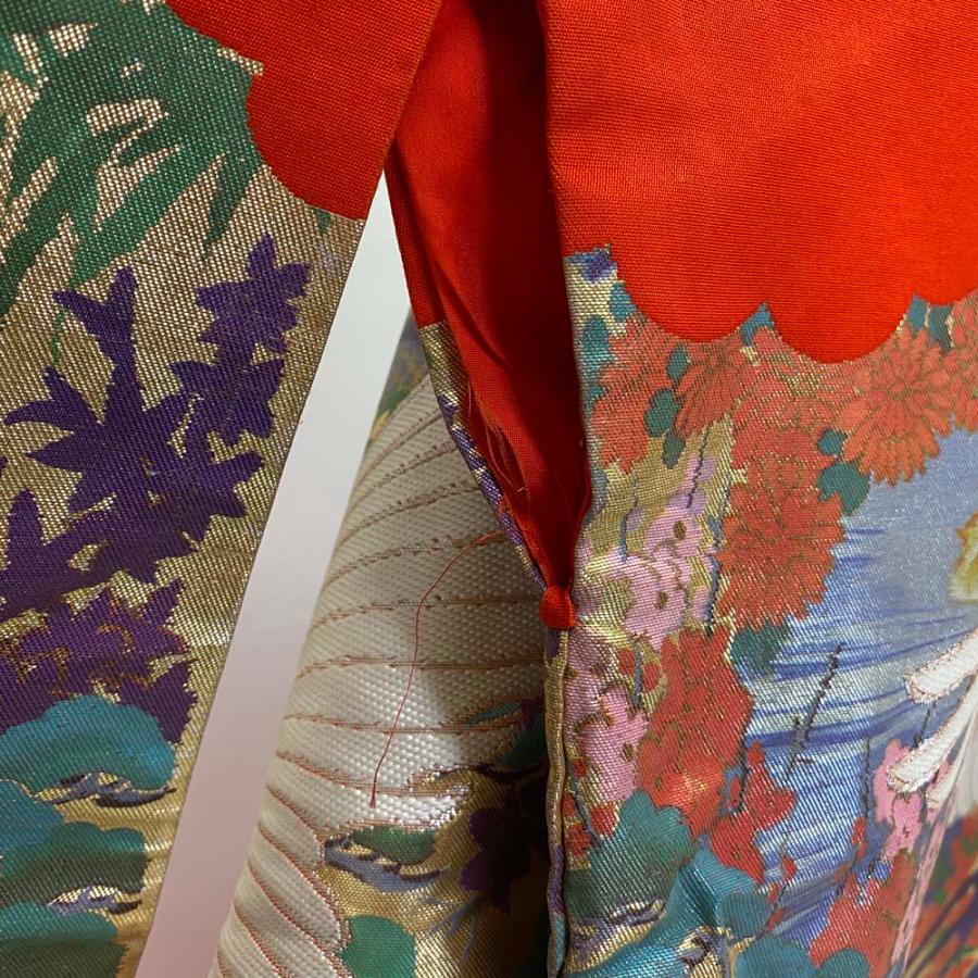 色打掛 正絹 鶴 刺繍 金 赤 打掛 Mサイズ 裄65 花嫁衣裳 婚礼