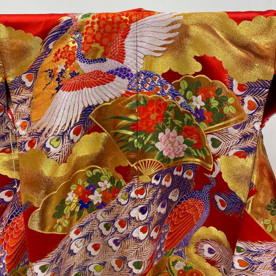 色打掛 正絹 鶴 刺繍 金 赤 打掛 Mサイズ 裄66 花嫁衣裳 婚礼