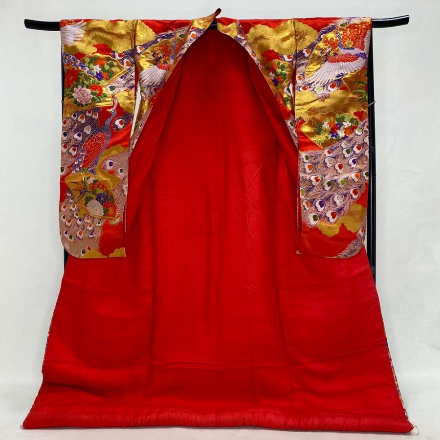 色打掛 正絹 鶴 刺繍 金 赤 打掛 Mサイズ 裄66.5 花嫁衣裳 婚礼 リサイクル 中古 ブライダル ウエディング 着物 3996 d421f8e37034ffc4d84387f823d686