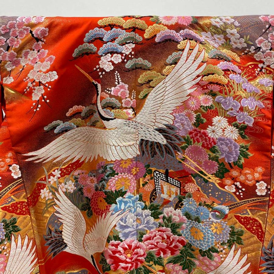 色打掛 正絹 鶴 刺繍 金 赤 打掛 Mサイズ 裄65 花嫁衣裳 婚礼