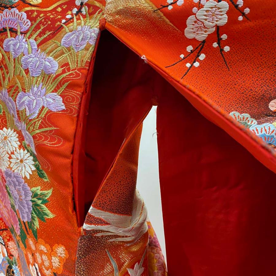 色打掛 正絹 鶴 刺繍 金 赤 打掛 Mサイズ 裄65 花嫁衣裳 婚礼
