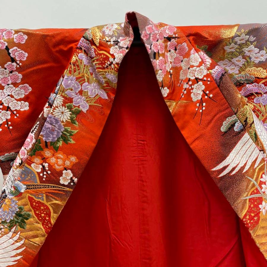 色打掛 正絹 鶴 刺繍 金 赤 打掛 Mサイズ 裄65 花嫁衣裳 婚礼