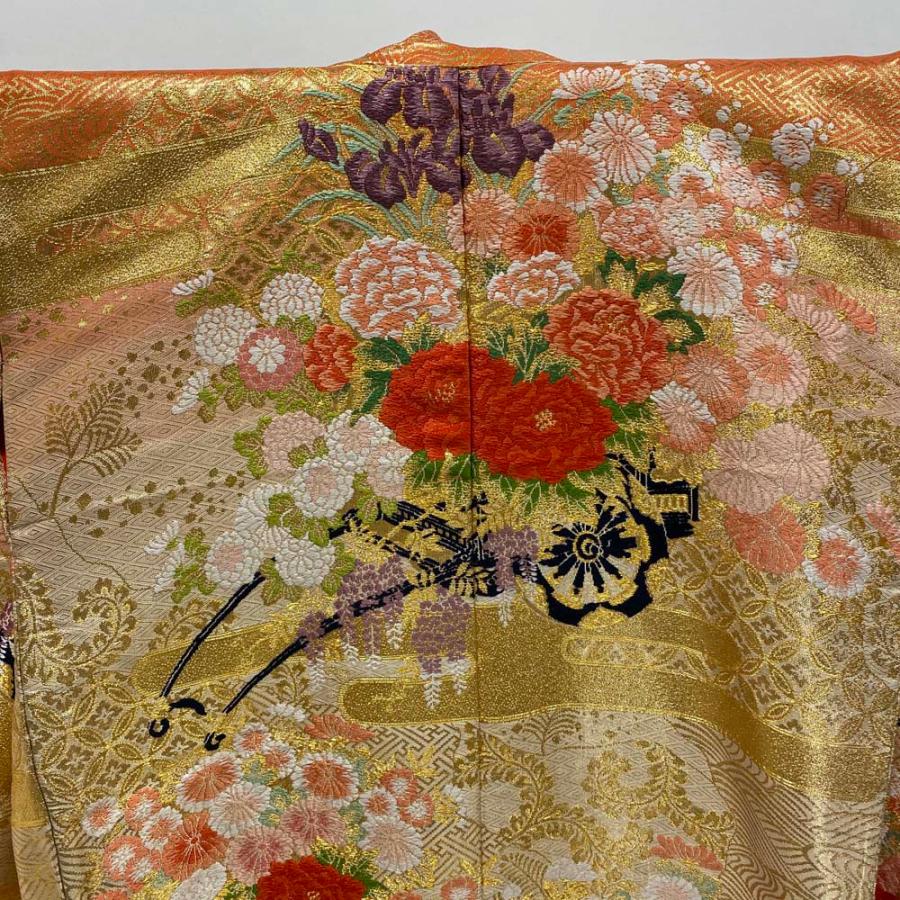 色打掛 正絹 鶴 刺繍 金 赤 打掛 Mサイズ 裄66 花嫁衣裳 婚礼