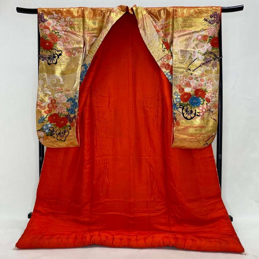 色打掛 正絹 鶴 刺繍 金 赤  打掛 Mサイズ 裄66.5 花嫁衣裳 婚礼 リサイクル 中古 ブライダル ウエディング 着物 4025 色打掛 正絹 鶴 刺繍 赤 金 打掛 花嫁衣裳 婚礼 リサイクル 中古