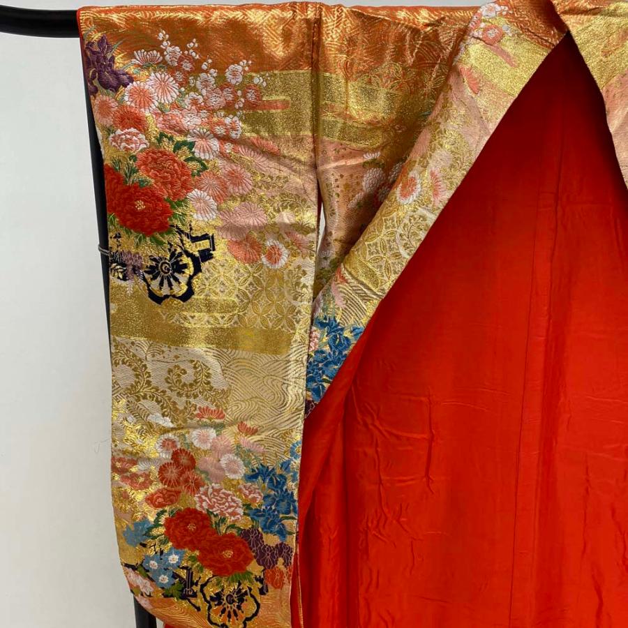 色打掛 正絹 鶴 刺繍 金 赤 打掛 Mサイズ 裄66 花嫁衣裳 婚礼
