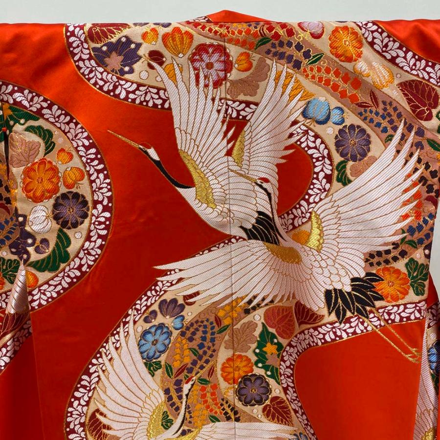 色打掛 正絹 鶴 刺繍 金 赤 打掛 Mサイズ 裄65.5 花嫁衣裳 婚礼