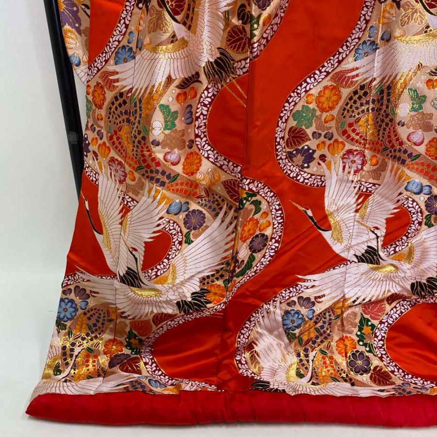色打掛 正絹 鶴 刺繍 金 赤 打掛 Mサイズ 裄65.5 花嫁衣裳 婚礼