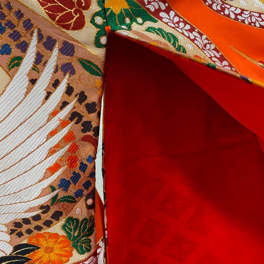 色打掛 正絹 鶴 刺繍 金 赤 打掛 Mサイズ 裄65.5 花嫁衣裳 婚礼