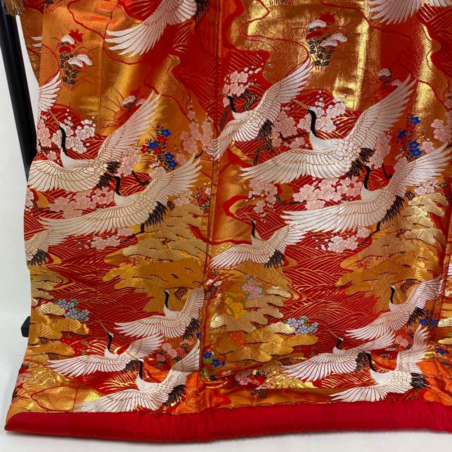 色打掛 正絹 鶴 刺繍 金 赤 打掛 Mサイズ 裄66 花嫁衣裳 婚礼
