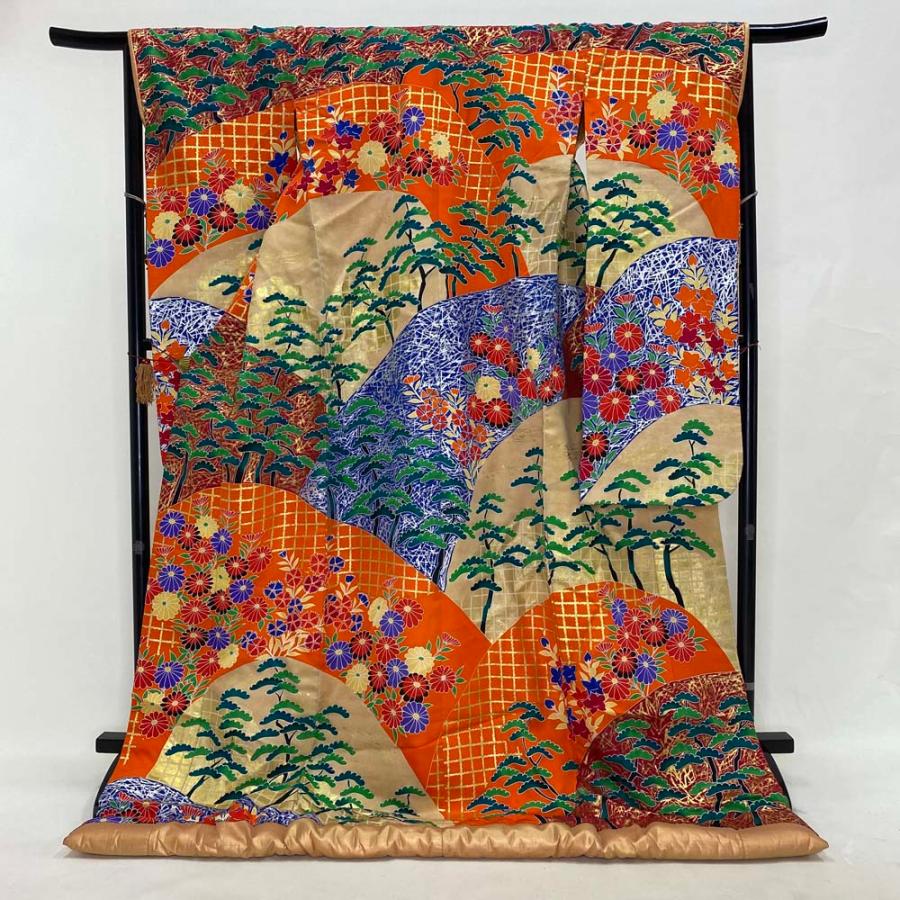 色打掛 正絹 鶴 刺繍 金 打掛 Lサイズ 裄67 花嫁衣裳 婚礼 リサイクル
