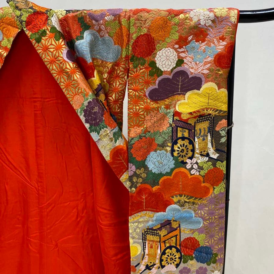 色打掛 正絹 鶴 刺繍 金 赤 打掛 Mサイズ 裄66 花嫁衣裳 婚礼