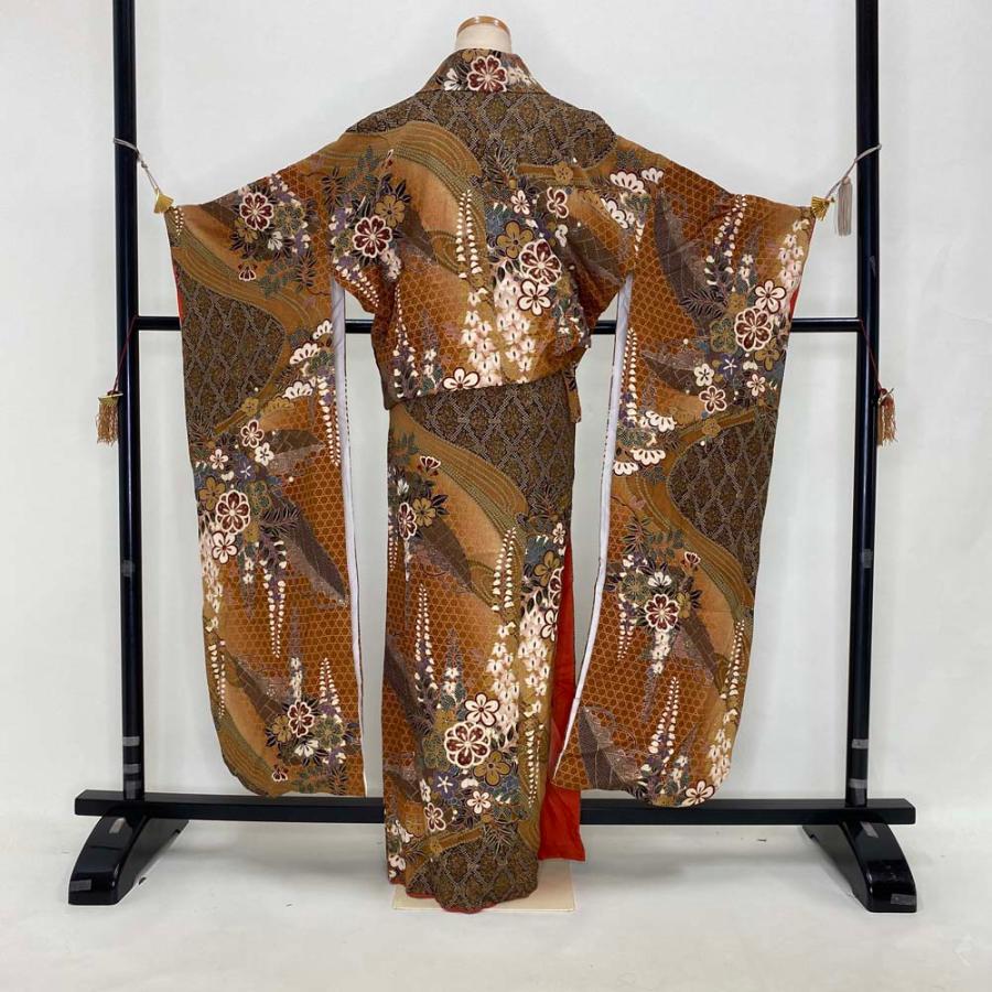 振袖 中古 ブラウン 茶 正絹 古典 裄65cm 身丈171cm 美品 M サイズ 
