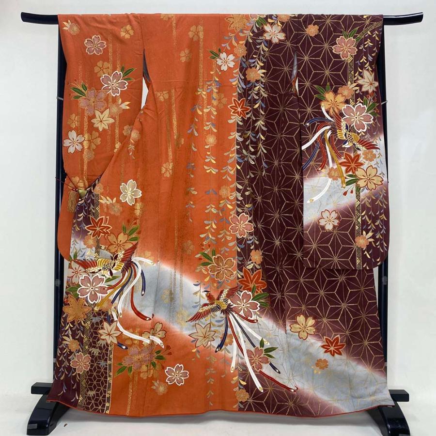 振袖 中古 オレンジ ブラウン 正絹 古典 裄68cm 身丈166.5cm 美品 L