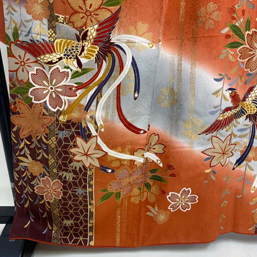 振袖 中古 オレンジ ブラウン 正絹 古典 裄68cm 身丈166.5cm 美品 L 