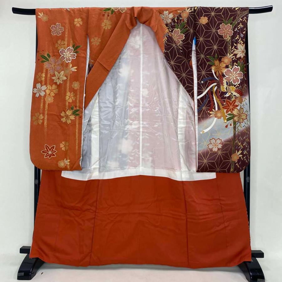 振袖 中古 オレンジ ブラウン 正絹 古典 裄68cm 身丈166.5cm 美品 L