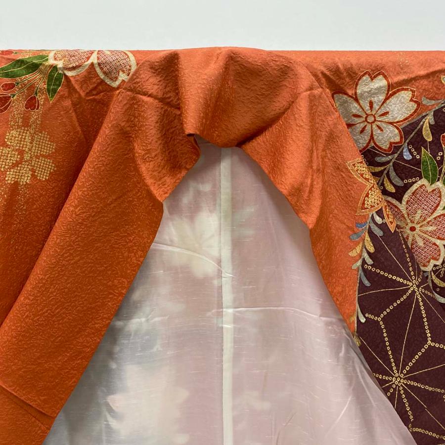 振袖 中古 オレンジ ブラウン 正絹 古典 裄68cm 身丈166.5cm 美品 L