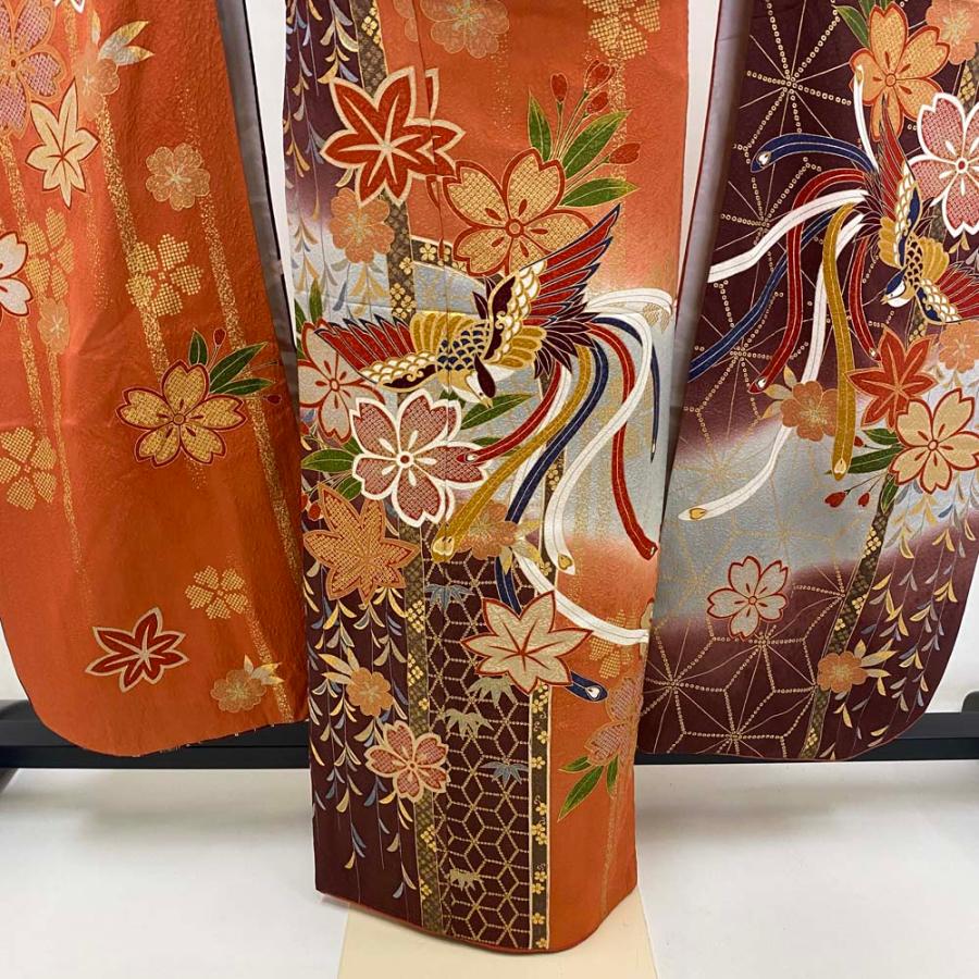 振袖 中古 オレンジ ブラウン 正絹 古典 裄68cm 身丈166.5cm 美品 L