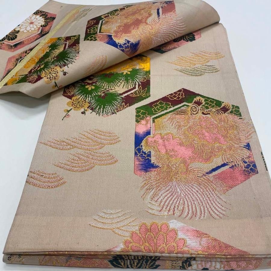 丸帯　着物　帯　全通柄　ゴールド　金　ピンク　ブルー　アンティーク 丸帯 着物 帯 全通柄 ゴールド 金 ピンク ブルー アンティークの通販