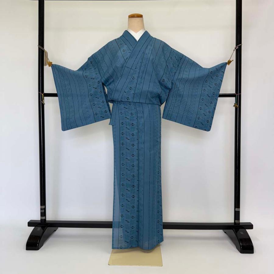 [美品] 絽　洗える　夏着物　小紋　薄物　露芝　紺　青　高身長　大きめ　涼しげ 小紋 夏 絽 夏用 洗える着物 裄65.5cm 身丈155cm お洒落着 普段着