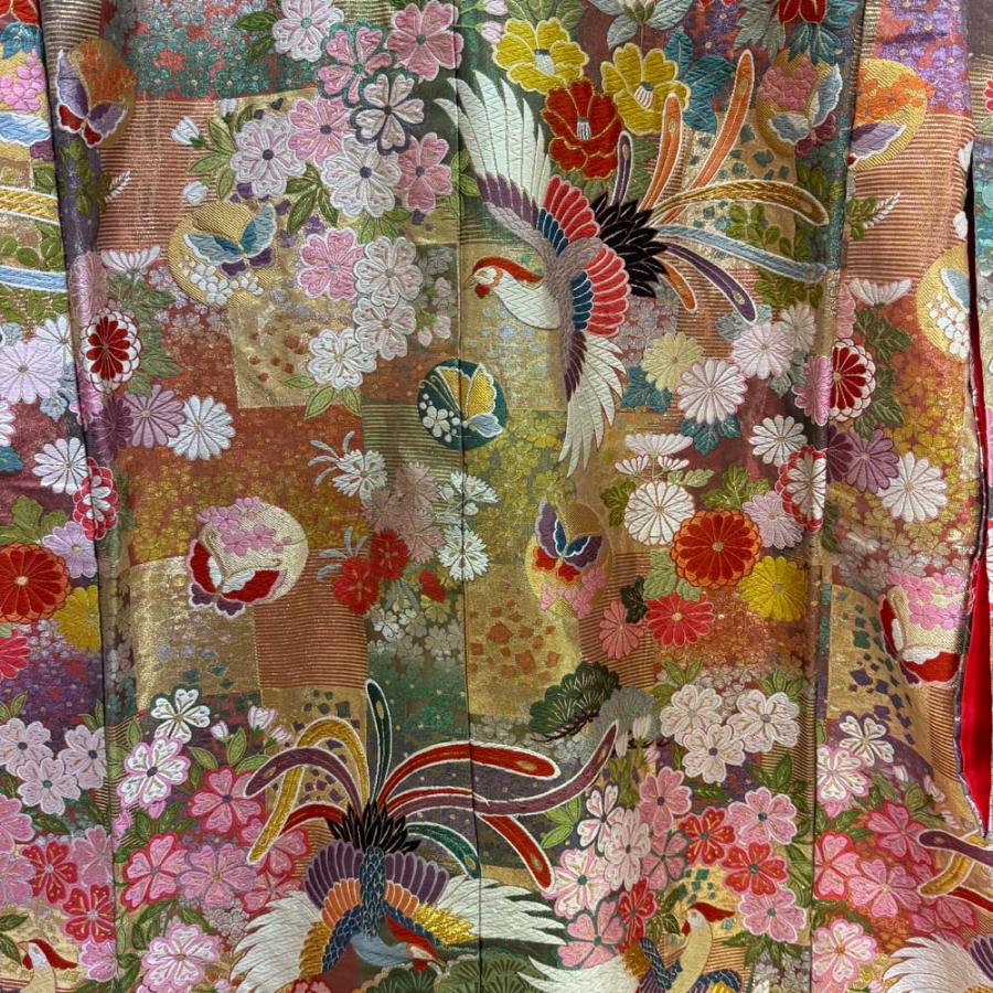 色打掛 正絹 赤 金 山本寛斎 打掛 花嫁衣裳 婚礼 リサイクル 中古 山本寛斎の色打掛豪華な鶴と花柄