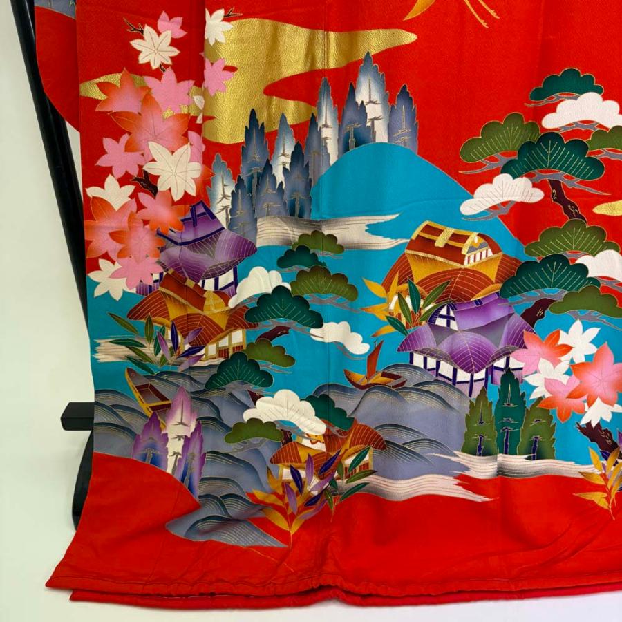 本振袖 引き振袖 正絹  赤 青 花柄 古典 刺繍 結婚式 裄65cm Bランク 花嫁衣装 Mサイズ 4440 本振袖 引き振袖 正絹 赤 青 花柄 古典 刺繍 結婚式 裄65cm Bランク