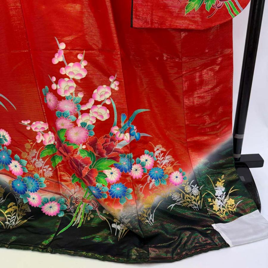 本振袖 引き振袖 ポリエステル 黒 花柄 古典 刺繍 結婚式 裄66cm B
