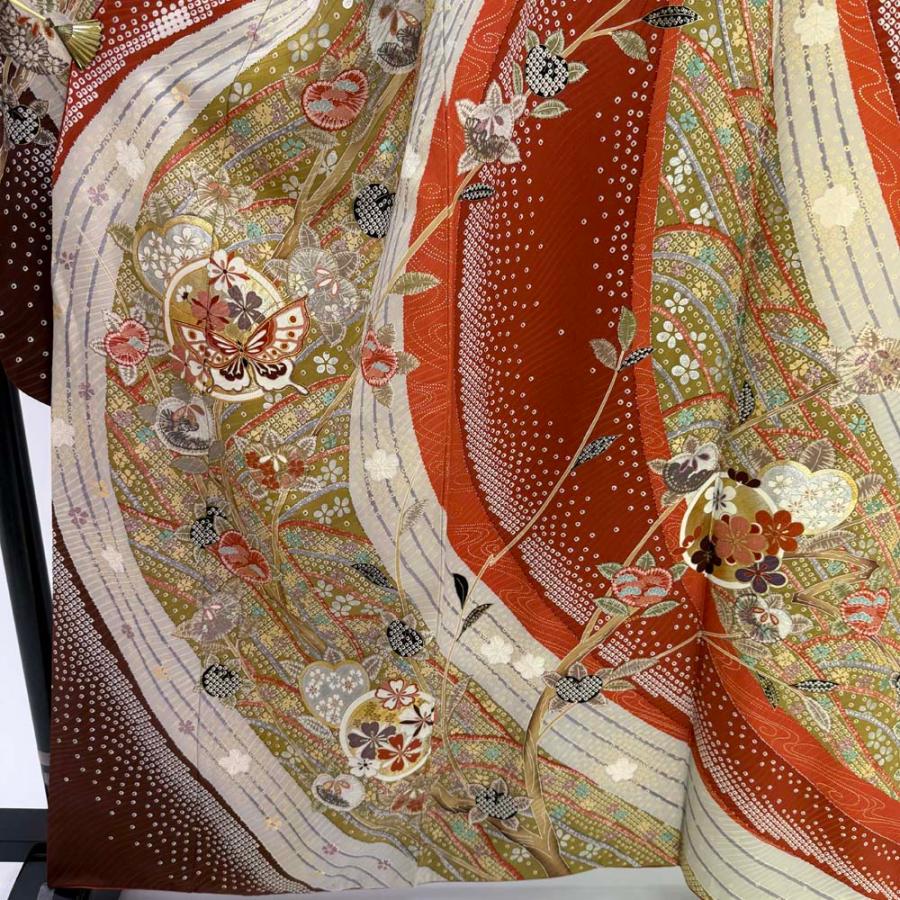振袖 中古 朱色 大正ロマン 風 正絹 古典 裄66.2cm 身丈162cm 美品 M サイズ 成人式 4481_3